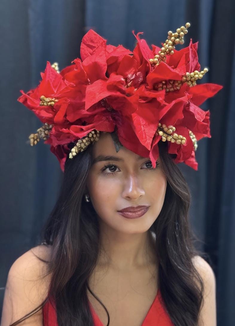 Hollyflare Red Poinsettia Holiday Garland | Classic Christmas Crown, Red & Gold Winter Halo, Festive Floral Tiara, Photoshoot Headpiece
