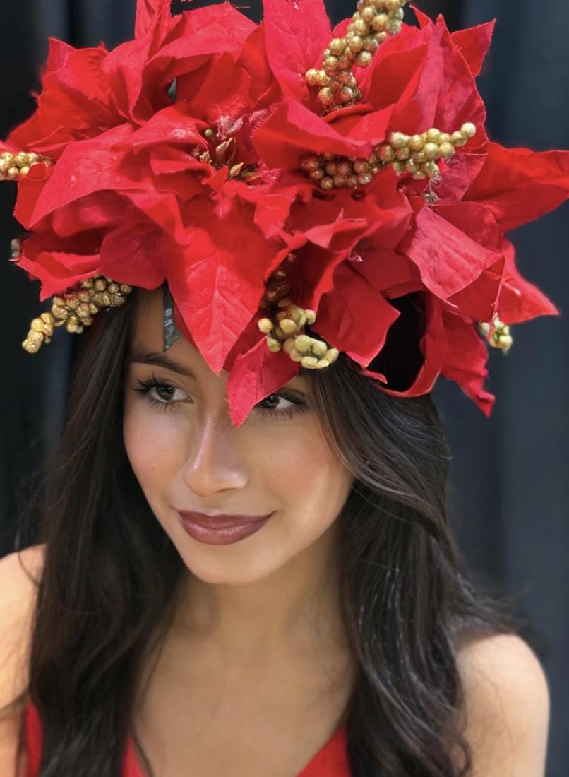 Hollyflare Red Poinsettia Holiday Garland | Classic Christmas Crown, Red & Gold Winter Halo, Festive Floral Tiara, Photoshoot Headpiece