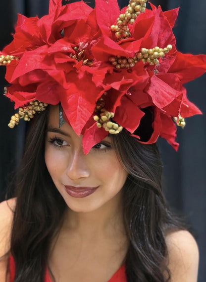 Hollyflare Red Poinsettia Holiday Garland | Classic Christmas Crown, Red & Gold Winter Halo, Festive Floral Tiara, Photoshoot Headpiece