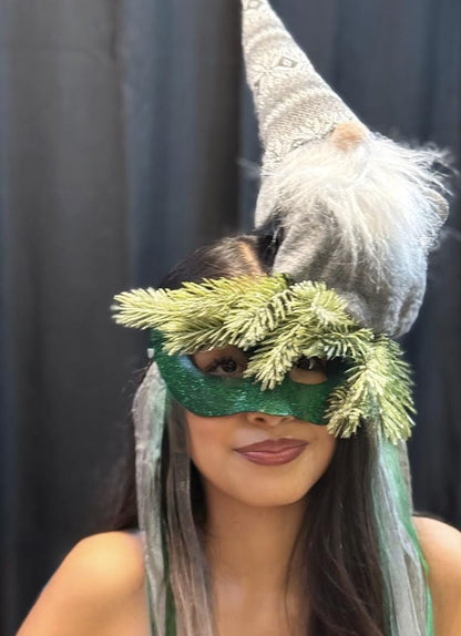 Hanging With My Gnomies Mask – Christmas Gnome Mask Green Glitter Masquerade – Whimsical Holiday Woodland Costume Mask