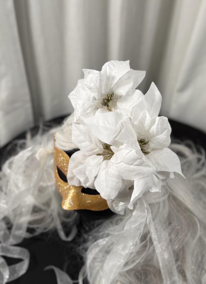 Snowfall Serenade Mask – Gold Masquerade Mask White Poinsettia Winter Bridal Mask Christmas Gala Costume