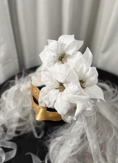 Snowfall Serenade Mask – Gold Masquerade Mask White Poinsettia Winter Bridal Mask Christmas Gala Costume