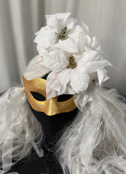 Snowfall Serenade Mask – Gold Masquerade Mask White Poinsettia Winter Bridal Mask Christmas Gala Costume