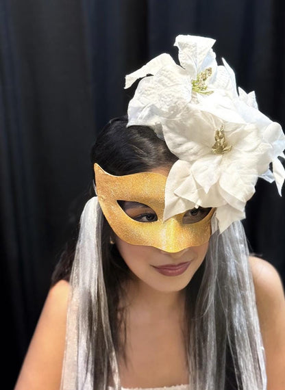Snowfall Serenade Mask – Gold Masquerade Mask White Poinsettia Winter Bridal Mask Christmas Gala Costume
