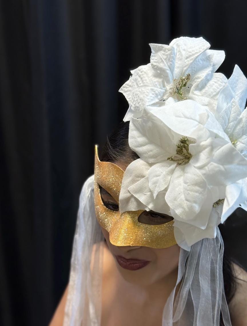 Snowfall Serenade Mask – Gold Masquerade Mask White Poinsettia Winter Bridal Mask Christmas Gala Costume