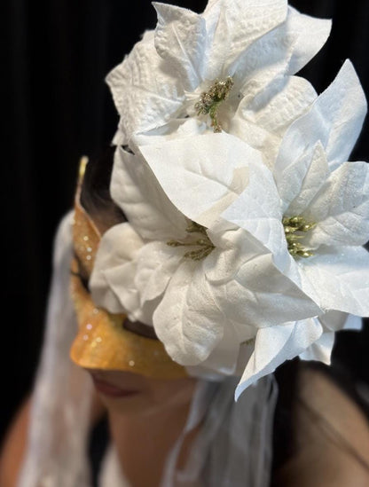 Snowfall Serenade Mask – Gold Masquerade Mask White Poinsettia Winter Bridal Mask Christmas Gala Costume