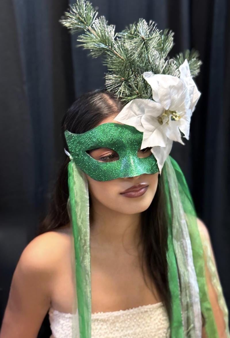 Evergreen Enchantress Mask – Green Glitter Winter Masquerade Mask with Poinsettia & Fir – Christmas Woodland Costume Mask