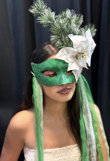 Evergreen Enchantress Mask – Green Glitter Winter Masquerade Mask with Poinsettia & Fir – Christmas Woodland Costume Mask
