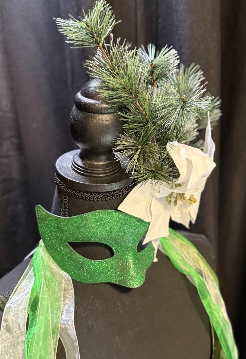 Evergreen Enchantress Mask – Green Glitter Winter Masquerade Mask with Poinsettia & Fir – Christmas Woodland Costume Mask