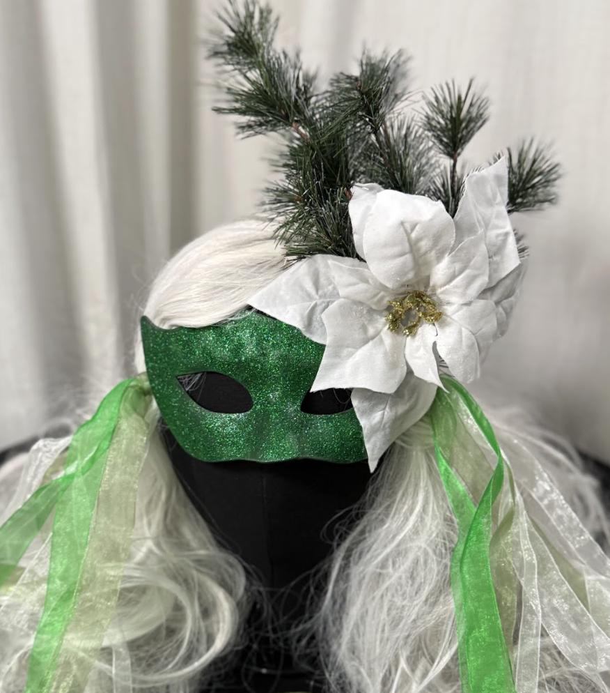 Evergreen Enchantress Mask – Green Glitter Winter Masquerade Mask with Poinsettia & Fir – Christmas Woodland Costume Mask