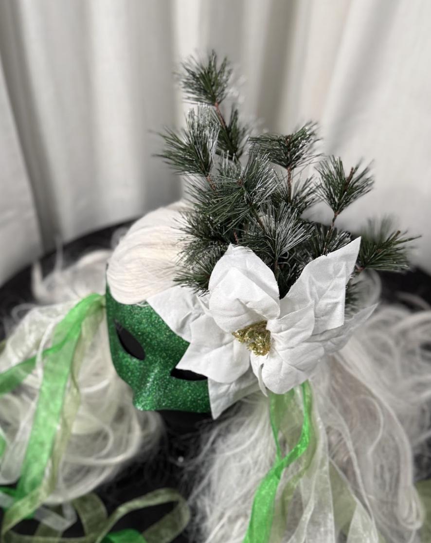 Evergreen Enchantress Mask – Green Glitter Winter Masquerade Mask with Poinsettia & Fir – Christmas Woodland Costume Mask