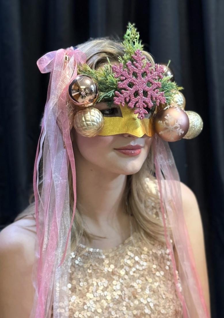 Sugarplum Spark Mask – Pink Gold Christmas Masquerade Mask – Holiday Ornament Snowflake Mask – Whimsical Winter Fairy Mask