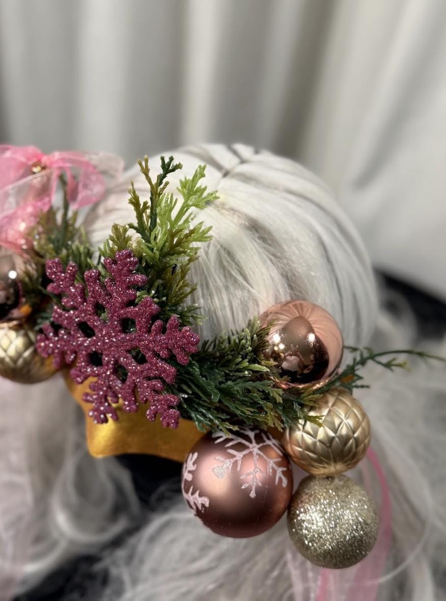 Sugarplum Spark Mask – Pink Gold Christmas Masquerade Mask – Holiday Ornament Snowflake Mask – Whimsical Winter Fairy Mask
