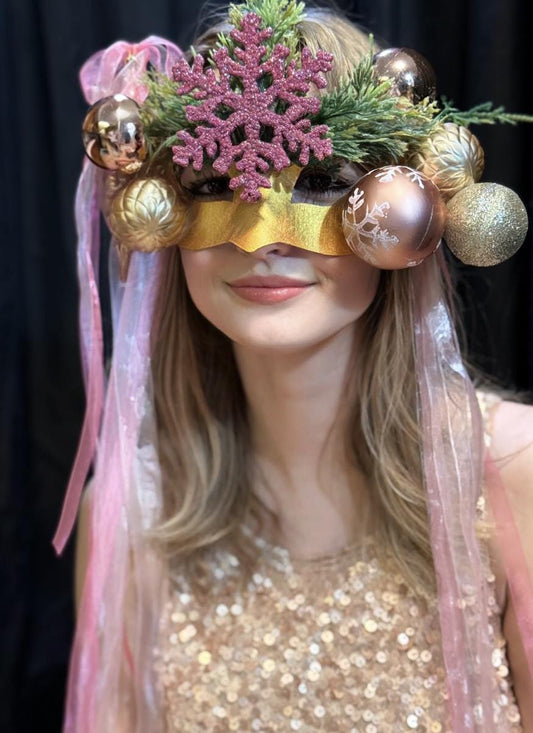 Sugarplum Spark Mask – Pink Gold Christmas Masquerade Mask – Holiday Ornament Snowflake Mask – Whimsical Winter Fairy Mask