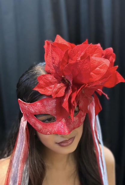 Poinsettia Inferno Mask – Red Glitter Poinsettia Masquerade Mask – Christmas Holiday Statement Costume Mask – Winter Gala Mask