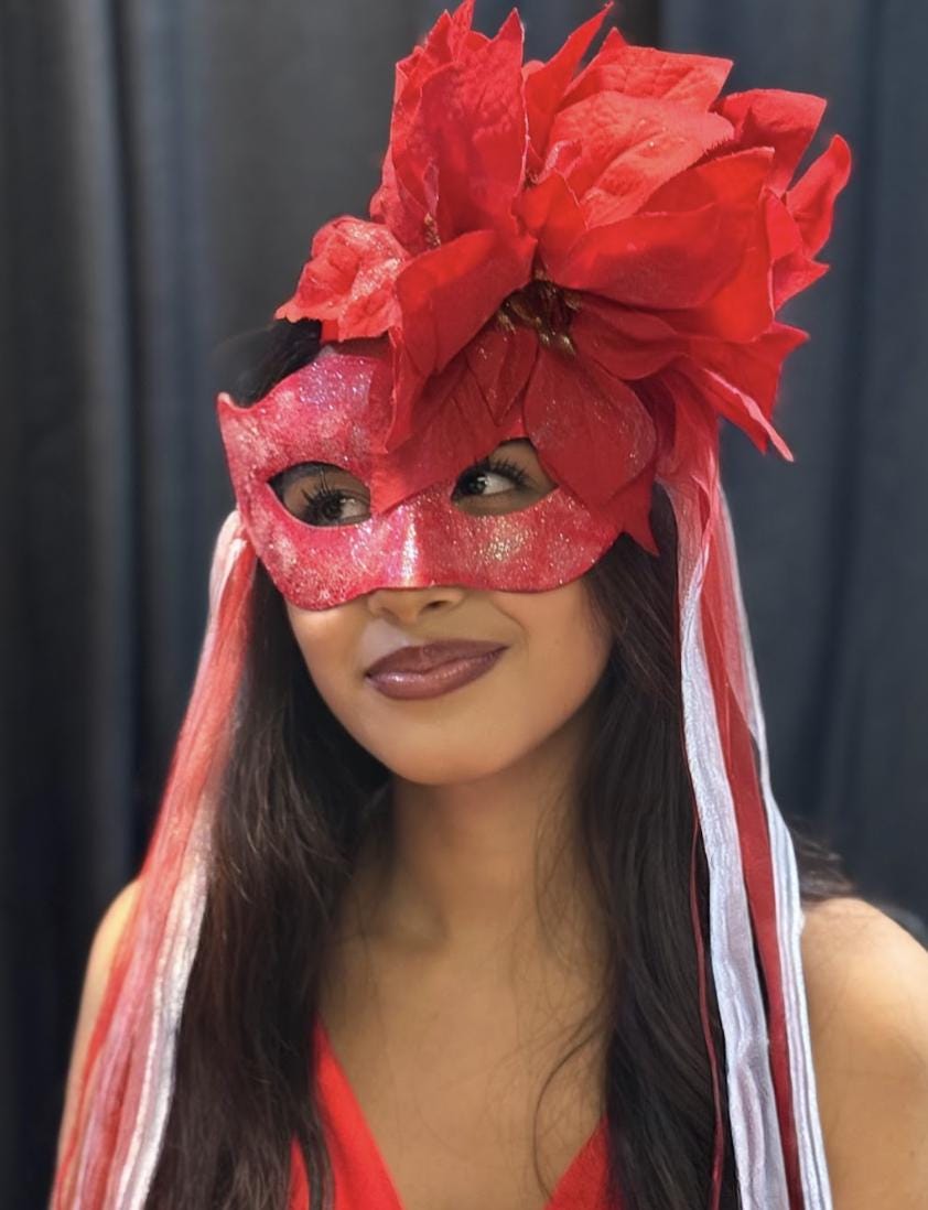 Poinsettia Inferno Mask – Red Glitter Poinsettia Masquerade Mask – Christmas Holiday Statement Costume Mask – Winter Gala Mask