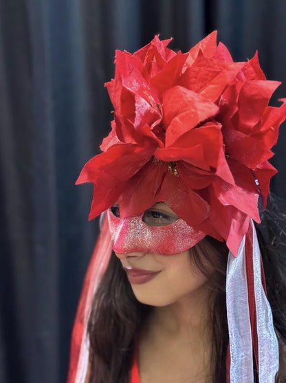 Poinsettia Inferno Mask – Red Glitter Poinsettia Masquerade Mask – Christmas Holiday Statement Costume Mask – Winter Gala Mask