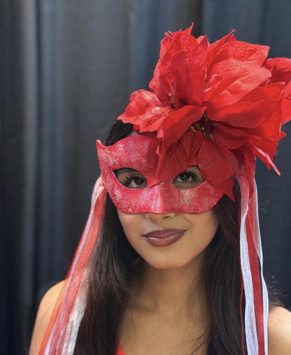 Poinsettia Inferno Mask – Red Glitter Poinsettia Masquerade Mask – Christmas Holiday Statement Costume Mask – Winter Gala Mask