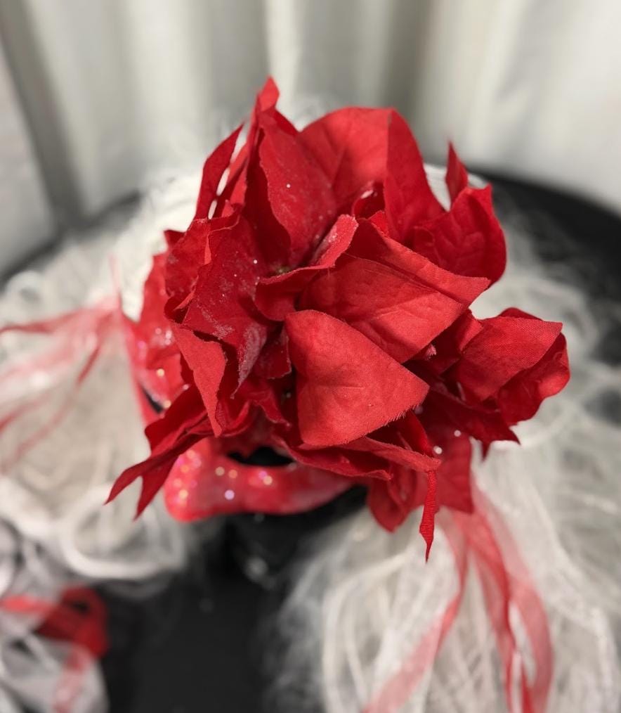 Poinsettia Inferno Mask – Red Glitter Poinsettia Masquerade Mask – Christmas Holiday Statement Costume Mask – Winter Gala Mask