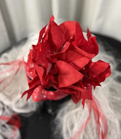 Poinsettia Inferno Mask – Red Glitter Poinsettia Masquerade Mask – Christmas Holiday Statement Costume Mask – Winter Gala Mask