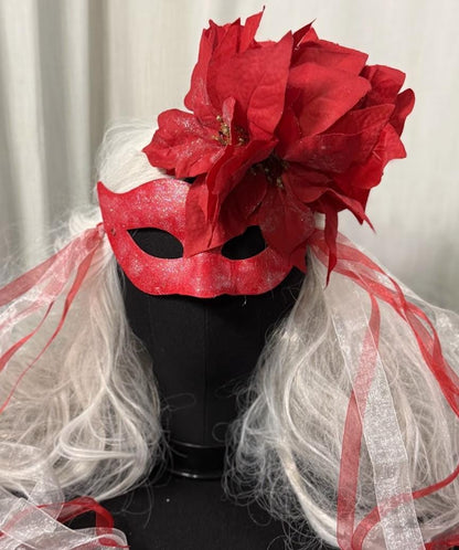 Poinsettia Inferno Mask – Red Glitter Poinsettia Masquerade Mask – Christmas Holiday Statement Costume Mask – Winter Gala Mask