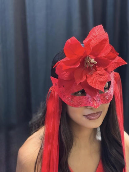 Scarlet Star Mask – Red Glitter Poinsettia Masquerade Mask – Christmas Holiday Gala Costume Mask – Elegant Winter Mask