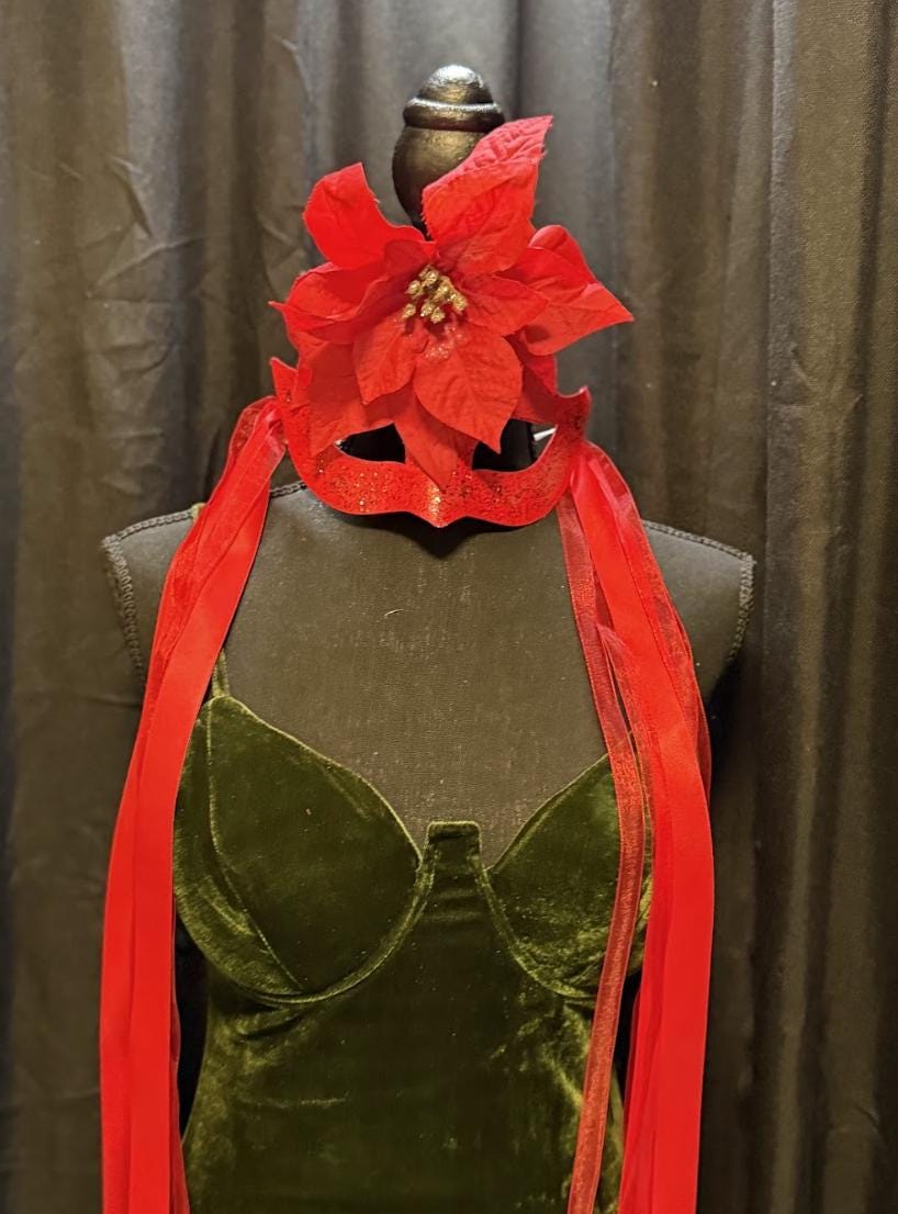 Scarlet Star Mask – Red Glitter Poinsettia Masquerade Mask – Christmas Holiday Gala Costume Mask – Elegant Winter Mask