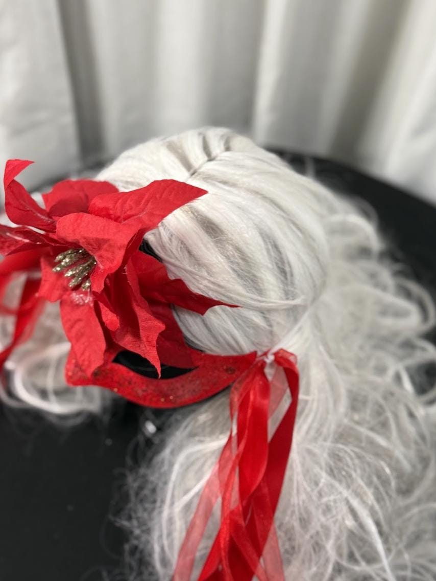 Scarlet Star Mask – Red Glitter Poinsettia Masquerade Mask – Christmas Holiday Gala Costume Mask – Elegant Winter Mask
