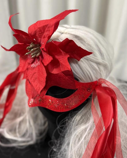 Scarlet Star Mask – Red Glitter Poinsettia Masquerade Mask – Christmas Holiday Gala Costume Mask – Elegant Winter Mask
