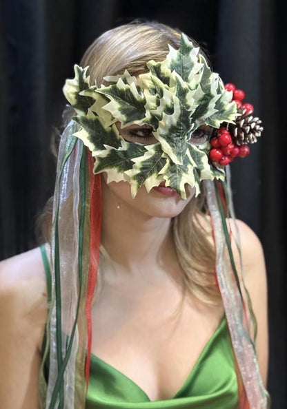 Holly Enchantress Mask – Christmas Holly Leaf Mask with Berries & Pinecone – Winter Masquerade Woodland Costume Mask
