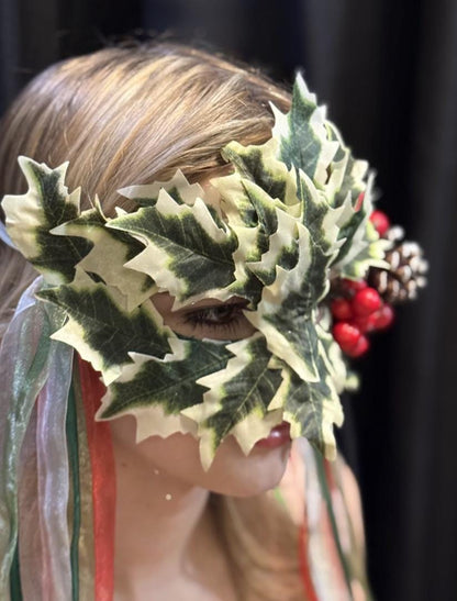 Holly Enchantress Mask – Christmas Holly Leaf Mask with Berries & Pinecone – Winter Masquerade Woodland Costume Mask