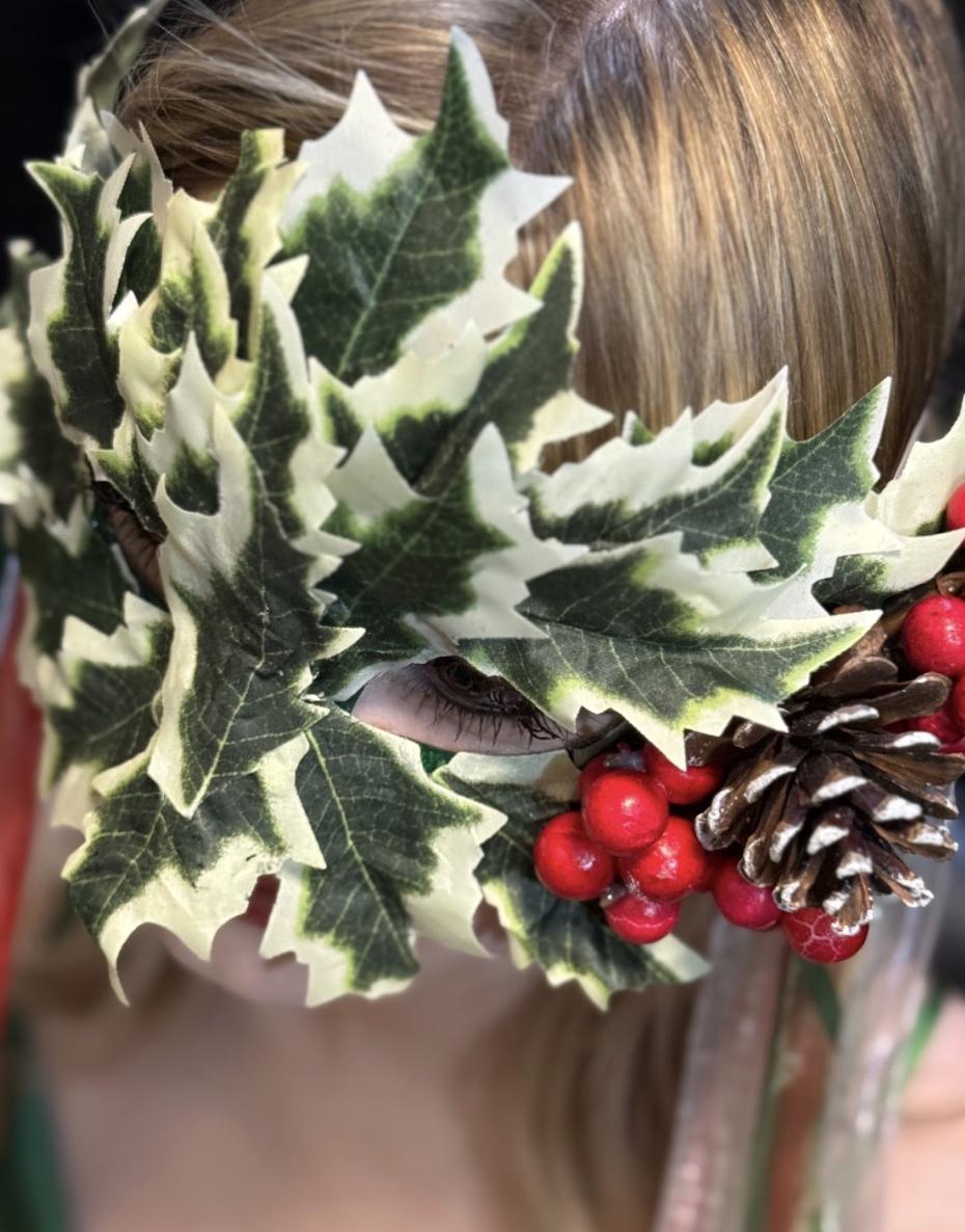 Holly Enchantress Mask – Christmas Holly Leaf Mask with Berries & Pinecone – Winter Masquerade Woodland Costume Mask