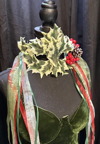 Holly Enchantress Mask – Christmas Holly Leaf Mask with Berries & Pinecone – Winter Masquerade Woodland Costume Mask
