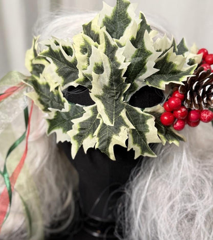 Holly Enchantress Mask – Christmas Holly Leaf Mask with Berries & Pinecone – Winter Masquerade Woodland Costume Mask