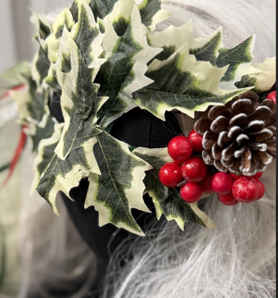 Holly Enchantress Mask – Christmas Holly Leaf Mask with Berries & Pinecone – Winter Masquerade Woodland Costume Mask