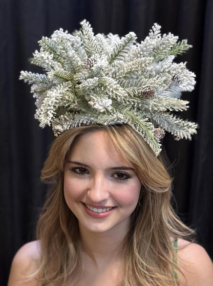Snowfall Crown Fascinator, Winter Fascinator, Evergreen Crown, Snow Queen Crown, Holiday Headpiece, Forest Headpiece, Photoshoot Fascinator