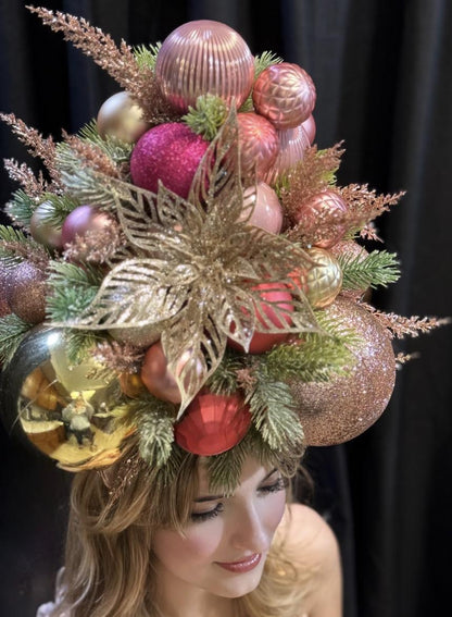 Yuletide Splendor Fascinator, Christmas Ornament Crown, Holiday Fascinator, Gold Poinsettia Headpiece, Statement Crown, Winter Gala Crown