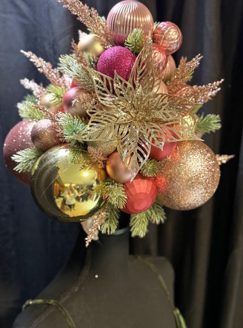 Yuletide Splendor Fascinator, Christmas Ornament Crown, Holiday Fascinator, Gold Poinsettia Headpiece, Statement Crown, Winter Gala Crown