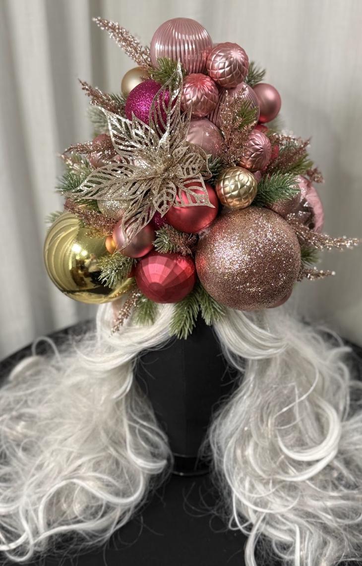 Yuletide Splendor Fascinator, Christmas Ornament Crown, Holiday Fascinator, Gold Poinsettia Headpiece, Statement Crown, Winter Gala Crown