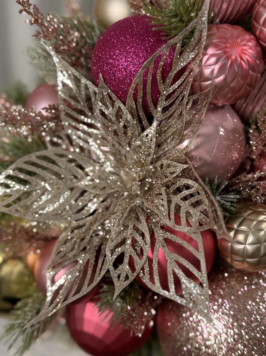 Yuletide Splendor Fascinator, Christmas Ornament Crown, Holiday Fascinator, Gold Poinsettia Headpiece, Statement Crown, Winter Gala Crown