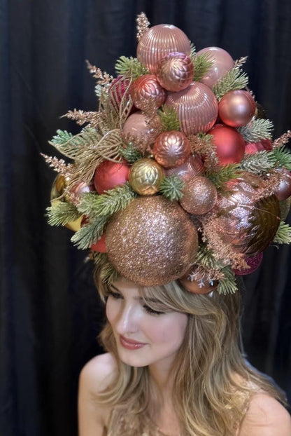 Yuletide Splendor Fascinator, Christmas Ornament Crown, Holiday Fascinator, Gold Poinsettia Headpiece, Statement Crown, Winter Gala Crown