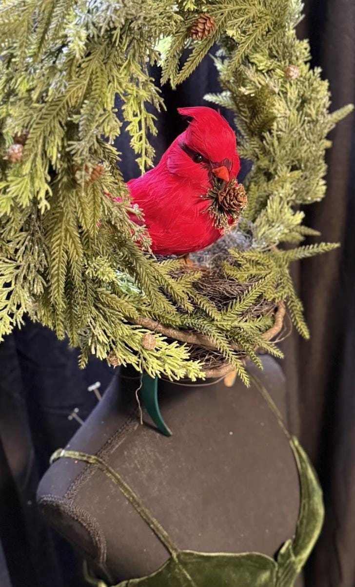 Winter’s Watcher Fascinator Crown, Cardinal Bird Headpiece, Christmas Woodland Crown, Holiday Headpiece, Evergreen Wreath Crown