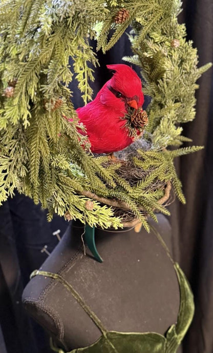 Winter’s Watcher Fascinator Crown, Cardinal Bird Headpiece, Christmas Woodland Crown, Holiday Headpiece, Evergreen Wreath Crown