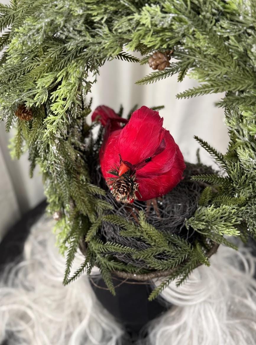 Winter’s Watcher Fascinator Crown, Cardinal Bird Headpiece, Christmas Woodland Crown, Holiday Headpiece, Evergreen Wreath Crown