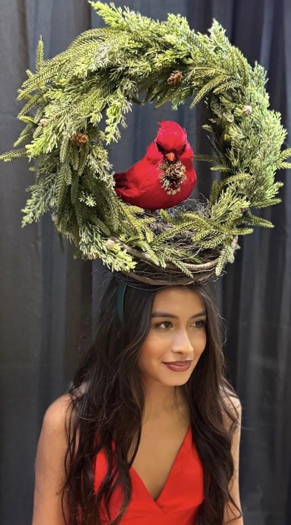 Winter’s Watcher Fascinator Crown, Cardinal Bird Headpiece, Christmas Woodland Crown, Holiday Headpiece, Evergreen Wreath Crown