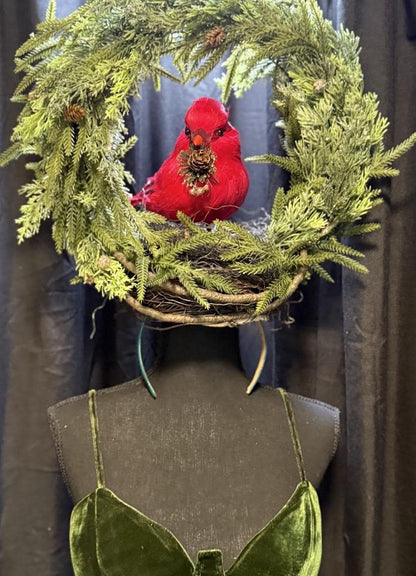 Winter’s Watcher Fascinator Crown, Cardinal Bird Headpiece, Christmas Woodland Crown, Holiday Headpiece, Evergreen Wreath Crown
