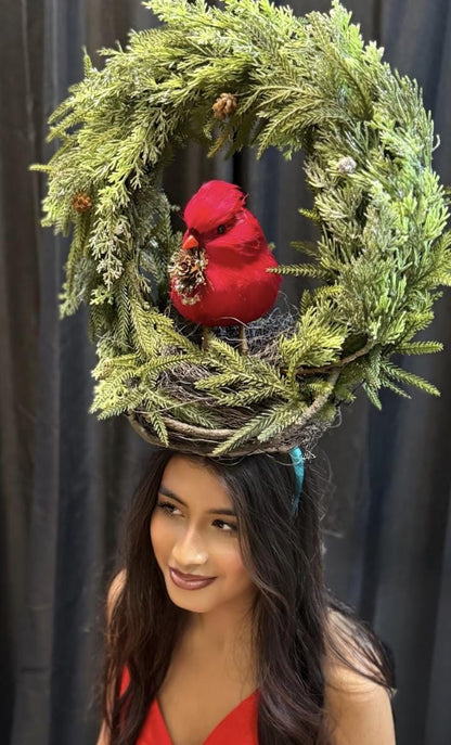 Winter’s Watcher Fascinator Crown, Cardinal Bird Headpiece, Christmas Woodland Crown, Holiday Headpiece, Evergreen Wreath Crown