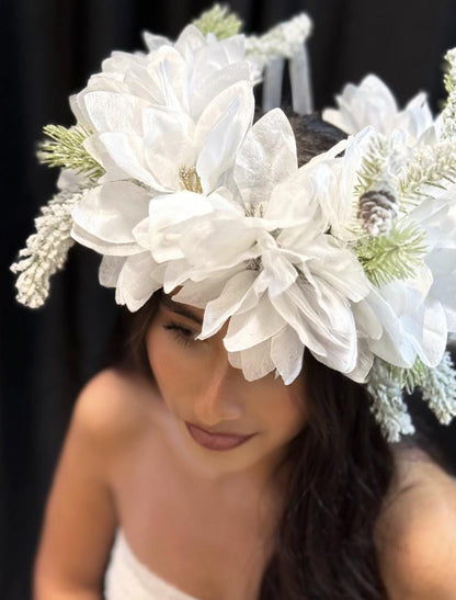Winterborne Snowy Poinsettia Holiday Garland | White Christmas Crown, Ice Queen Halo, Winter Wedding Headpiece, Frosted Floral Tiara