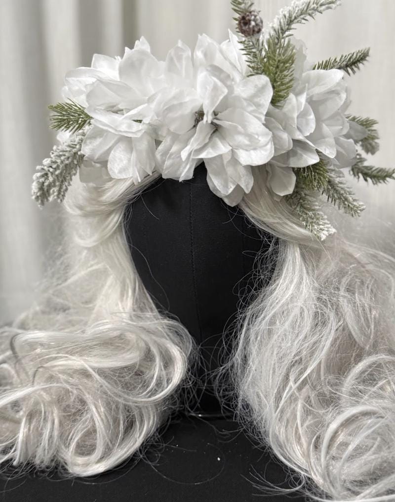 Winterborne Snowy Poinsettia Holiday Garland | White Christmas Crown, Ice Queen Halo, Winter Wedding Headpiece, Frosted Floral Tiara