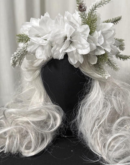 Winterborne Snowy Poinsettia Holiday Garland | White Christmas Crown, Ice Queen Halo, Winter Wedding Headpiece, Frosted Floral Tiara